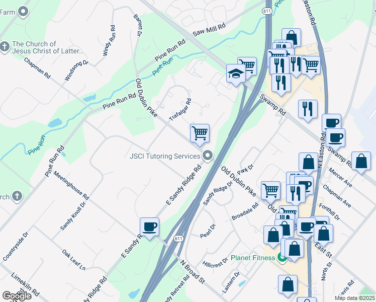 map of restaurants, bars, coffee shops, grocery stores, and more near 234 Old Dublin Pike in Doylestown
