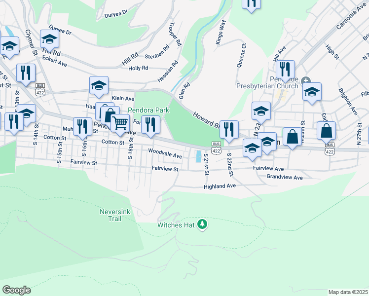 map of restaurants, bars, coffee shops, grocery stores, and more near 1963 Woodvale Avenue in Mount Penn
