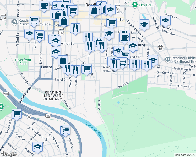 map of restaurants, bars, coffee shops, grocery stores, and more near 544 South 9th Street in Reading