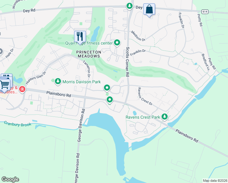 map of restaurants, bars, coffee shops, grocery stores, and more near 47 Hampshire Drive in Princeton Meadows