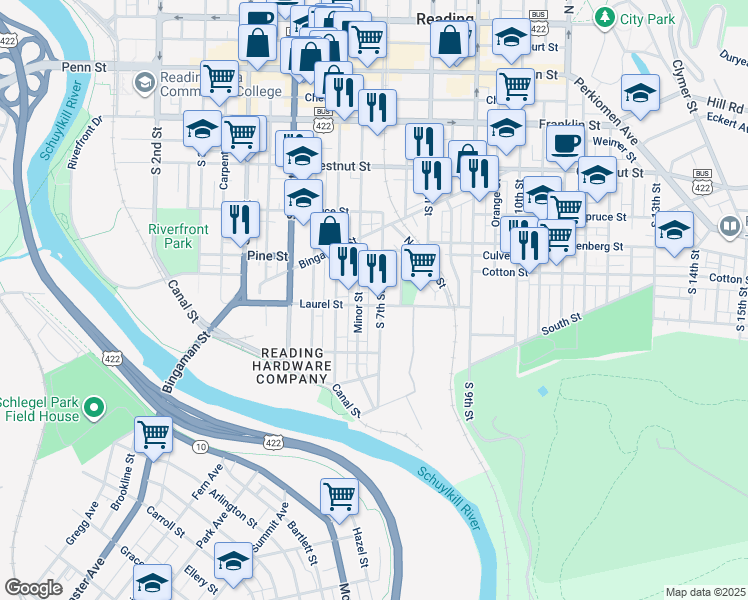 map of restaurants, bars, coffee shops, grocery stores, and more near 448 South 7th Street in Reading