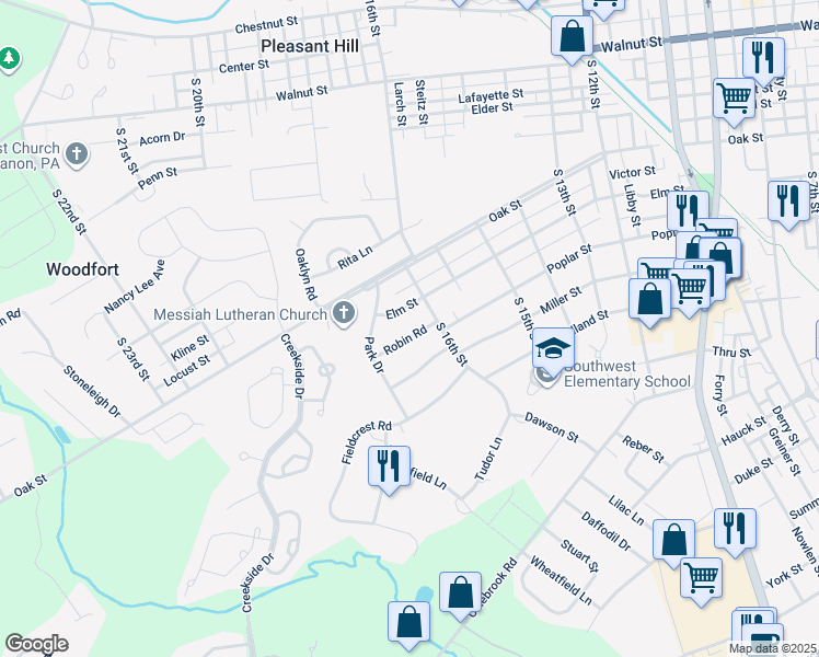 map of restaurants, bars, coffee shops, grocery stores, and more near 1621 Robin Road in Lebanon