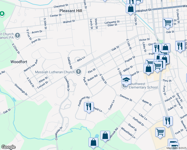 map of restaurants, bars, coffee shops, grocery stores, and more near 1621 Robin Road in Lebanon