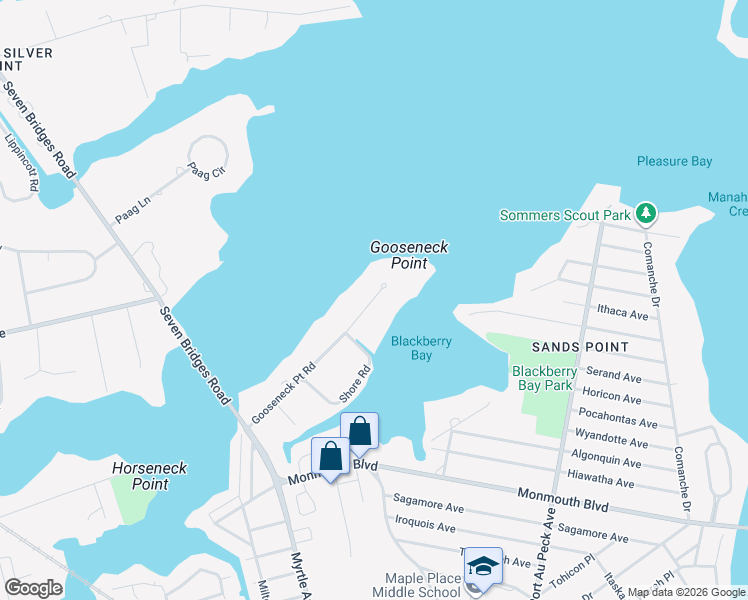 map of restaurants, bars, coffee shops, grocery stores, and more near 84 Goose Neck Point Road in Oceanport