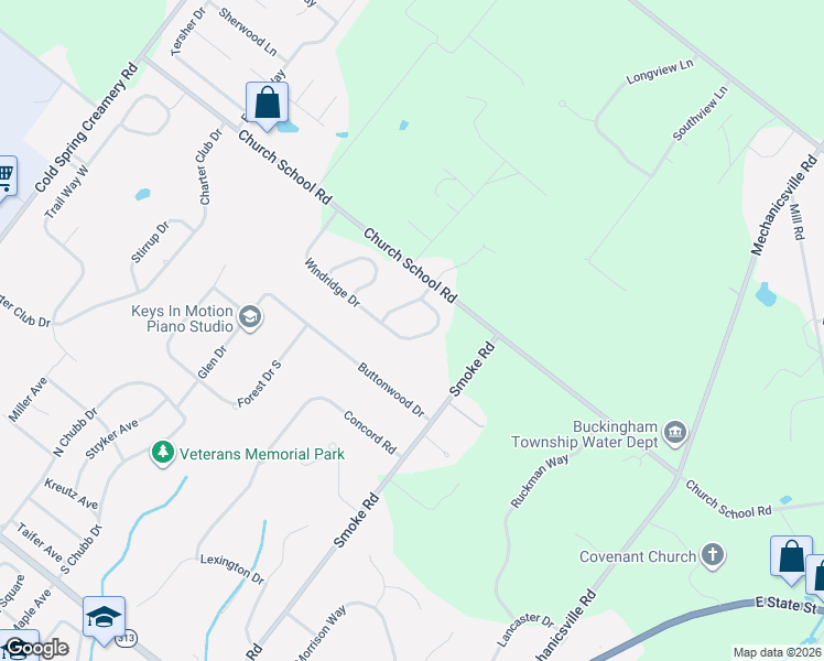 map of restaurants, bars, coffee shops, grocery stores, and more near 3571 Windridge Drive in Doylestown