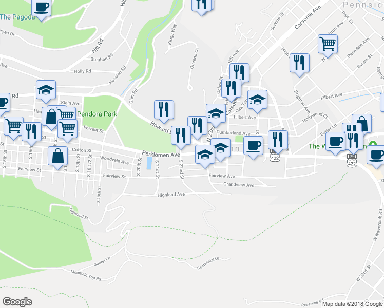 map of restaurants, bars, coffee shops, grocery stores, and more near 2226 Perkiomen Avenue in Reading