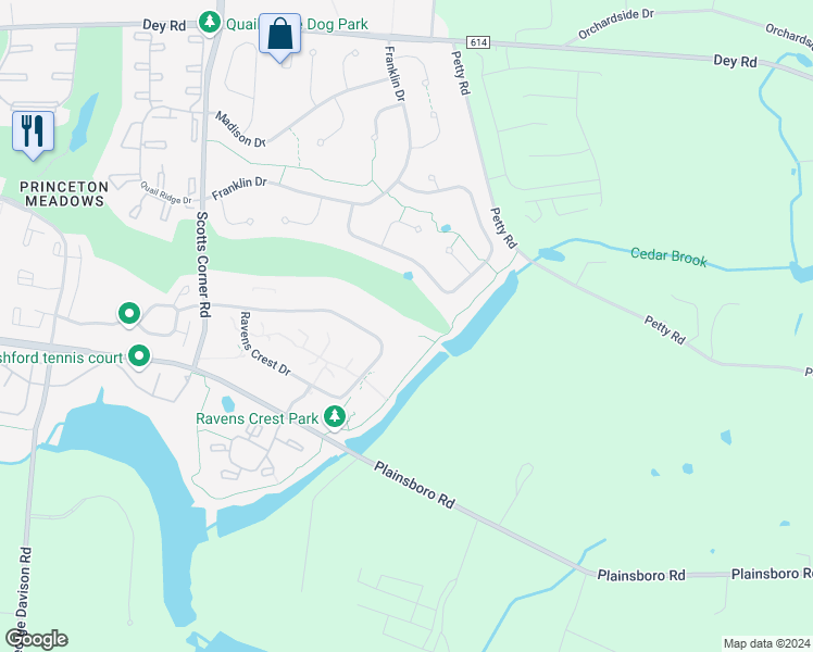 map of restaurants, bars, coffee shops, grocery stores, and more near 1510 Ravens Crest Drive in Plainsboro Township