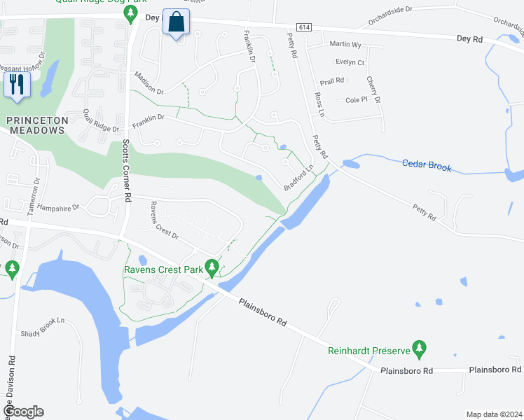 map of restaurants, bars, coffee shops, grocery stores, and more near 1523 Ravens Crest Drive in Princeton Meadows