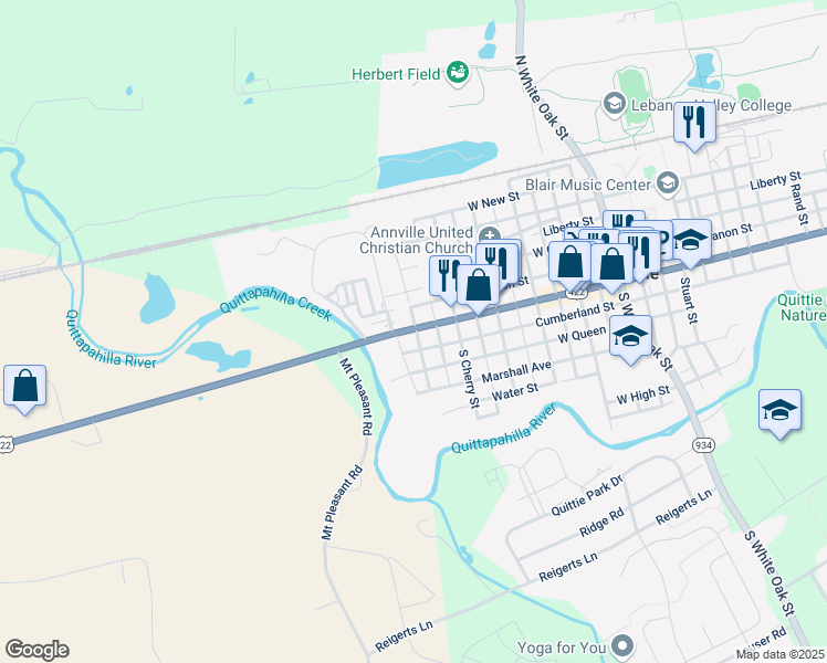 map of restaurants, bars, coffee shops, grocery stores, and more near 25 South Mill Street in Annville