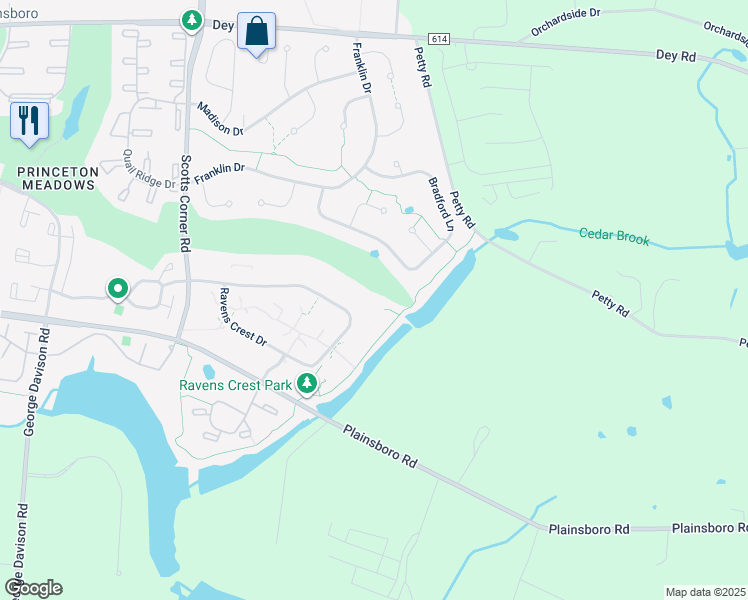 map of restaurants, bars, coffee shops, grocery stores, and more near 1401 Ravens Crest Drive in Princeton Meadows
