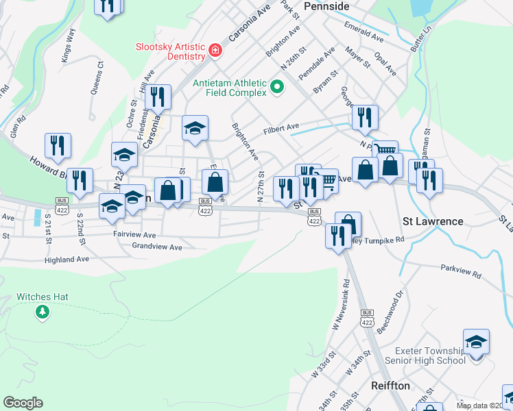 map of restaurants, bars, coffee shops, grocery stores, and more near 2636 Perkiomen Avenue in Mount Penn