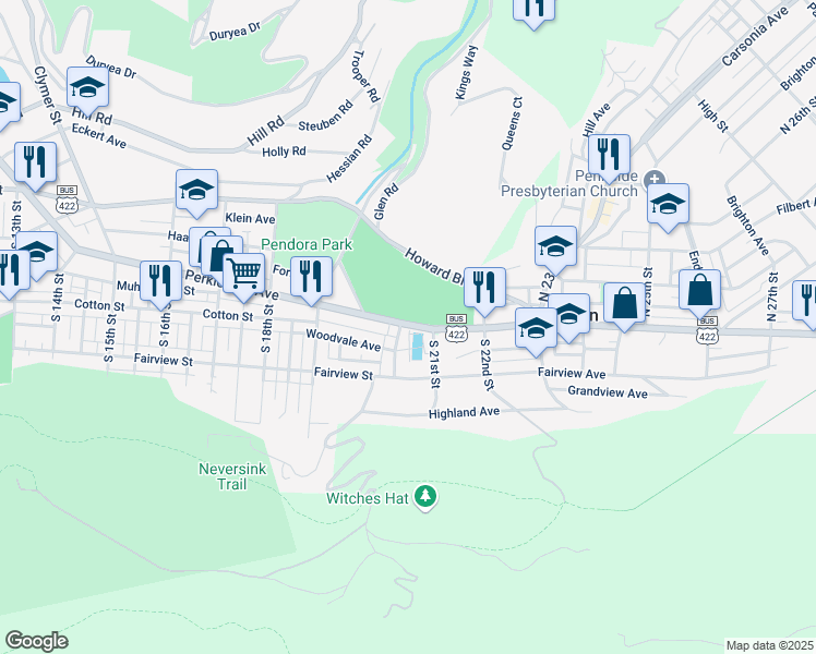 map of restaurants, bars, coffee shops, grocery stores, and more near 2000 Perkiomen Avenue in Reading