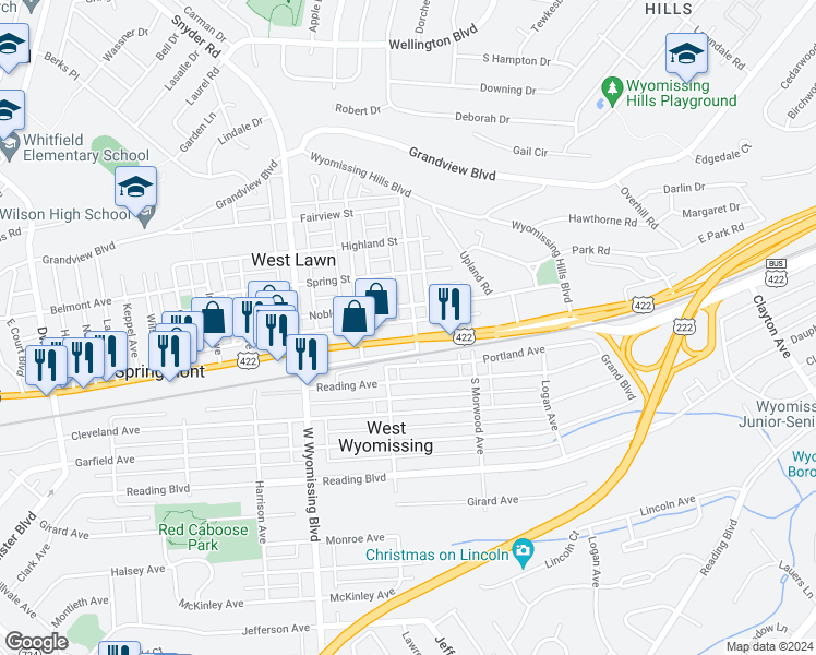map of restaurants, bars, coffee shops, grocery stores, and more near 2103 U.S. 422 in West Lawn
