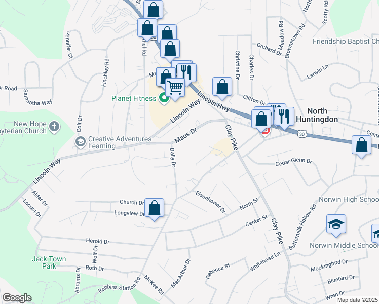 map of restaurants, bars, coffee shops, grocery stores, and more near 249 Maus Drive in Irwin