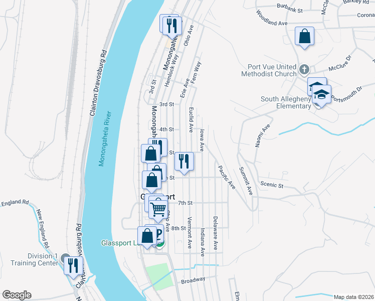 map of restaurants, bars, coffee shops, grocery stores, and more near 310 5th Street in Glassport