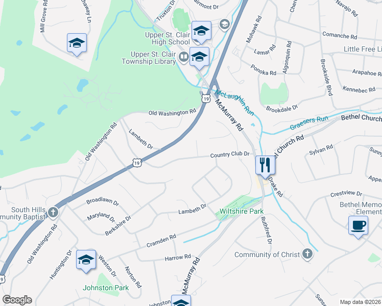 map of restaurants, bars, coffee shops, grocery stores, and more near 2264 Country Club Drive in Pittsburgh