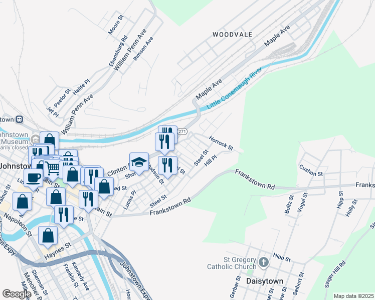 map of restaurants, bars, coffee shops, grocery stores, and more near Chapin Street in Johnstown