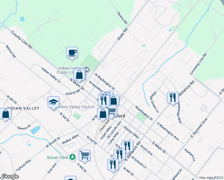 map of restaurants, bars, coffee shops, grocery stores, and more near 198 North Washington Street in Telford
