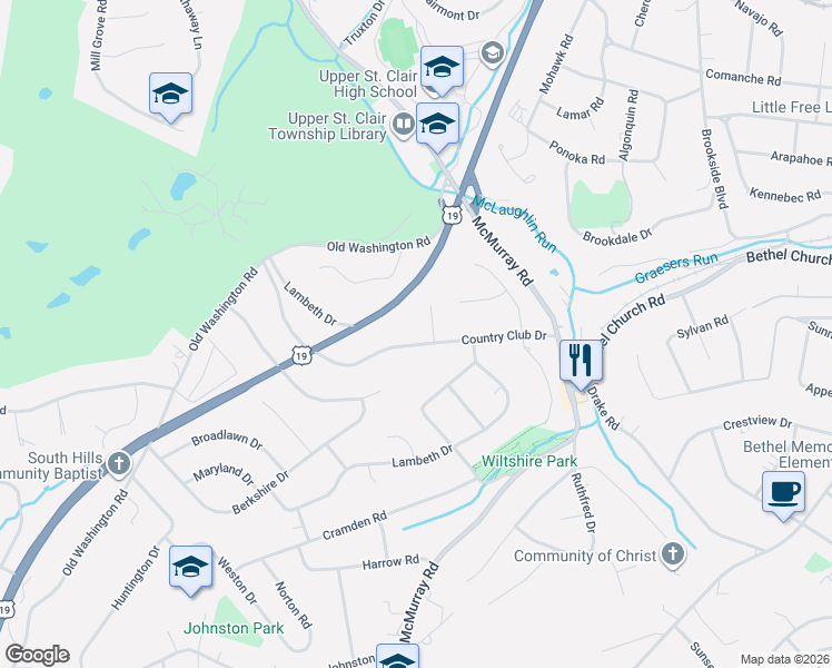map of restaurants, bars, coffee shops, grocery stores, and more near 2264 Country Club Dr in Pittsburgh