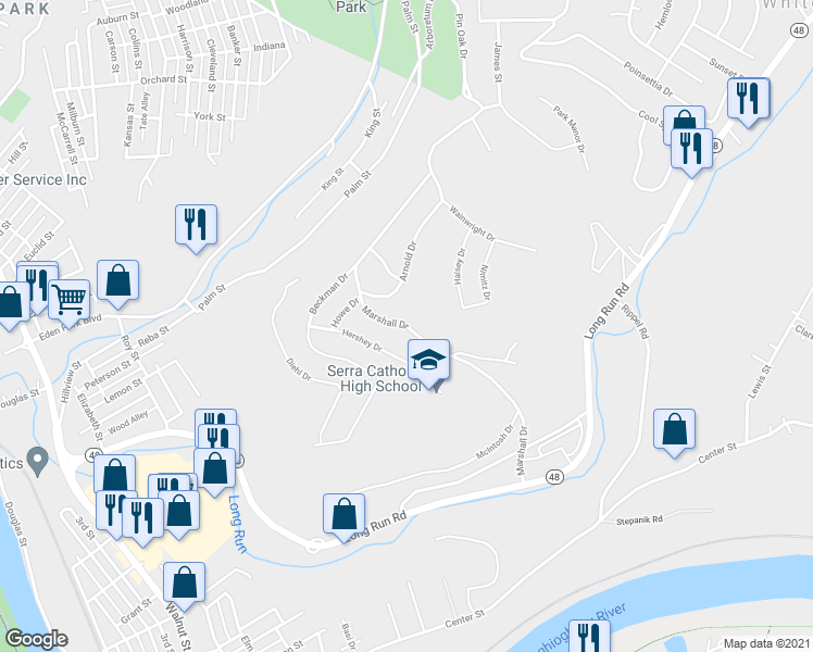 map of restaurants, bars, coffee shops, grocery stores, and more near 419 Marshall Drive in McKeesport
