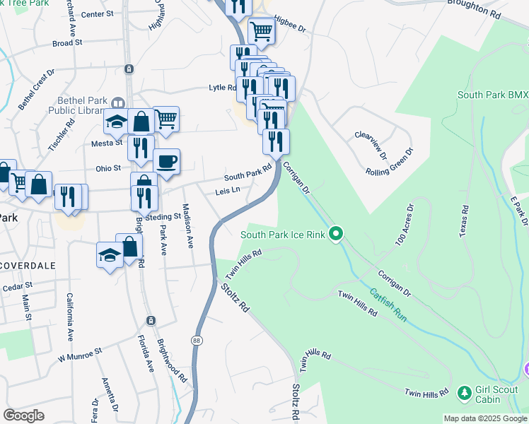 map of restaurants, bars, coffee shops, grocery stores, and more near 5365 Library Road in Bethel Park
