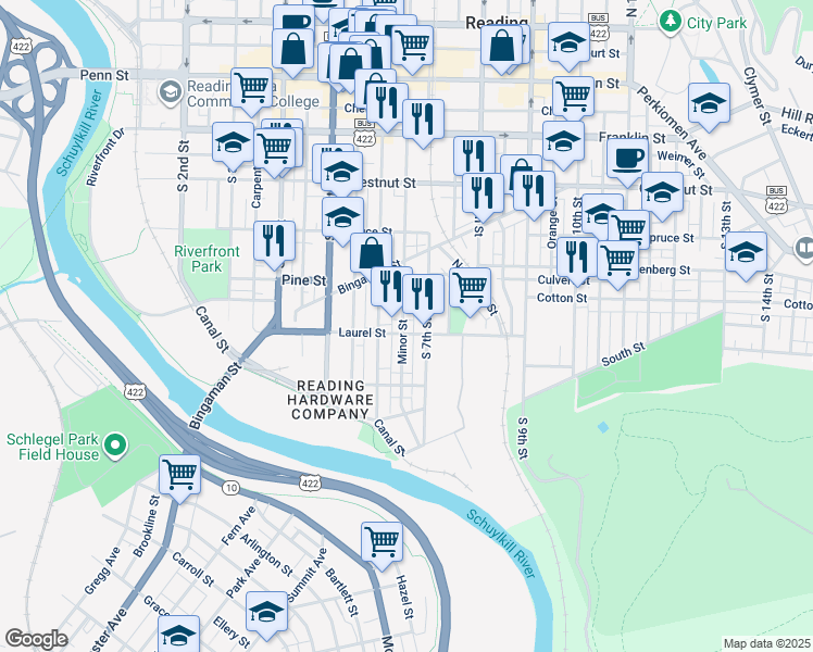 map of restaurants, bars, coffee shops, grocery stores, and more near 627 Laurel Street in Reading
