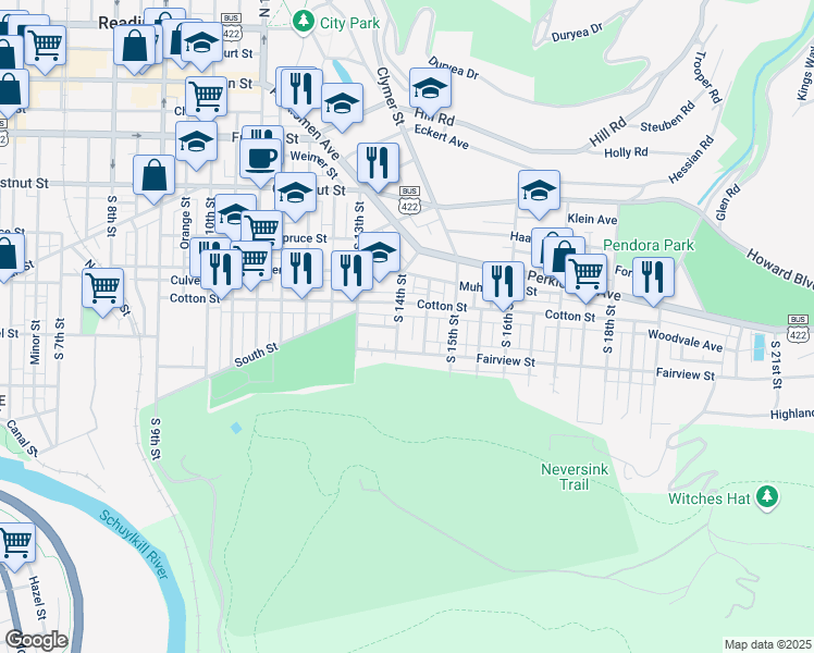 map of restaurants, bars, coffee shops, grocery stores, and more near 529 South 14th Street in Reading