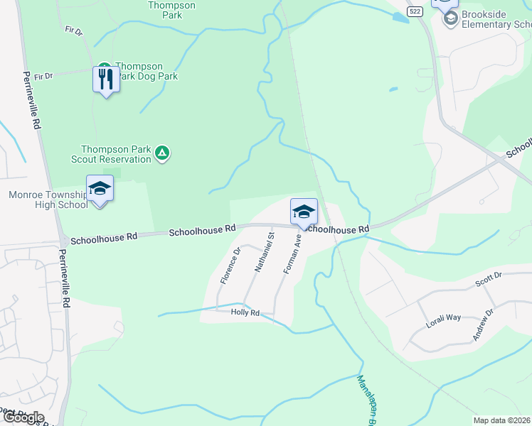 map of restaurants, bars, coffee shops, grocery stores, and more near 1 Nathaniel Street in Monroe Township