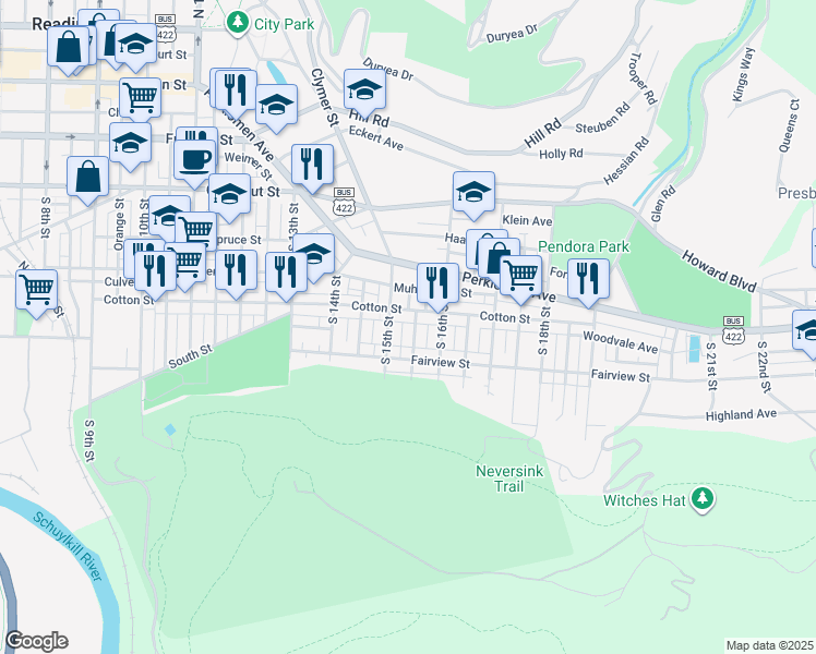 map of restaurants, bars, coffee shops, grocery stores, and more near 541 South 15 1/2 Street in Reading