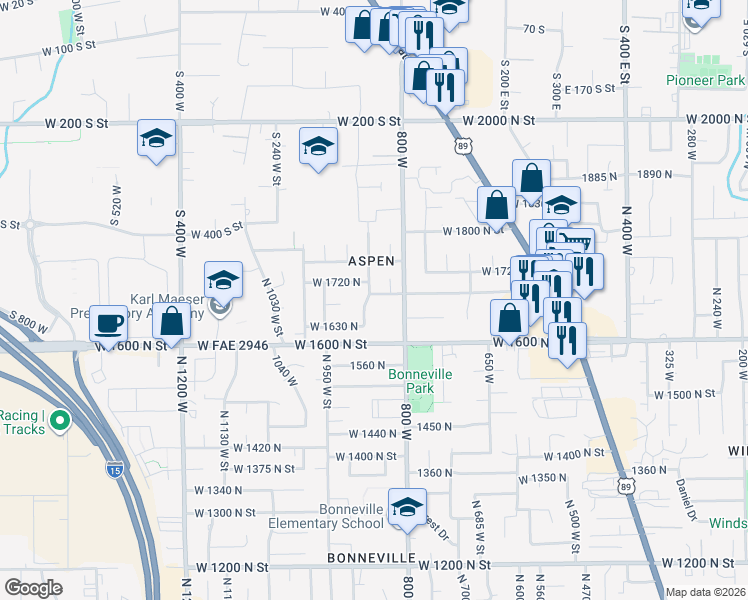 map of restaurants, bars, coffee shops, grocery stores, and more near 1672 North 850 West in Orem
