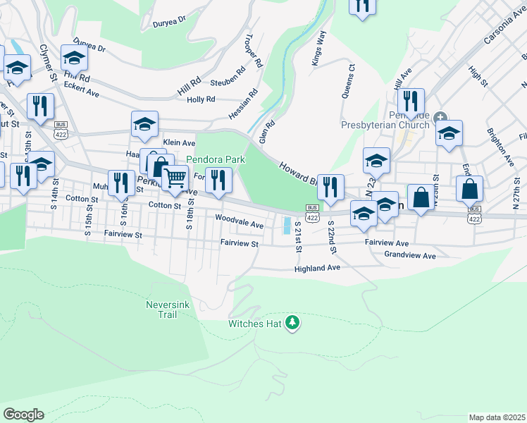 map of restaurants, bars, coffee shops, grocery stores, and more near 1972 Perkiomen Avenue in Mount Penn