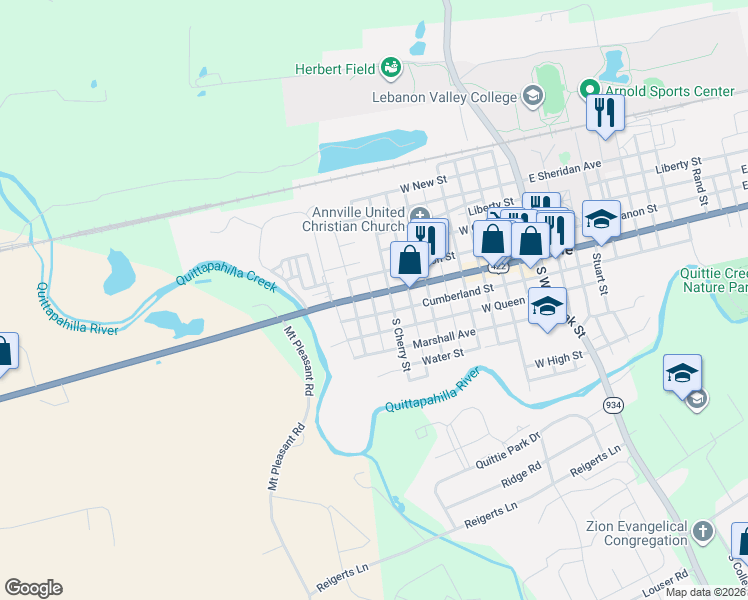 map of restaurants, bars, coffee shops, grocery stores, and more near 426 West Main Street in Annville