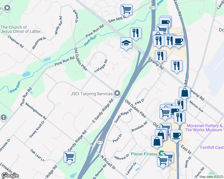 map of restaurants, bars, coffee shops, grocery stores, and more near 234 Old Dublin Pike in Doylestown