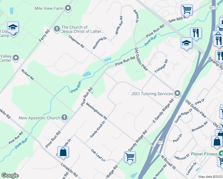 map of restaurants, bars, coffee shops, grocery stores, and more near 173 Sandy Knoll Drive in Doylestown