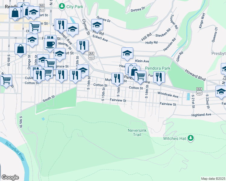 map of restaurants, bars, coffee shops, grocery stores, and more near 519 South 15 1/2 Street in Reading
