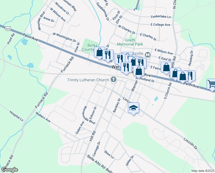 map of restaurants, bars, coffee shops, grocery stores, and more near 200 South Rosewood Court in Wernersville