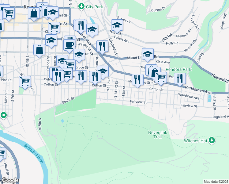 map of restaurants, bars, coffee shops, grocery stores, and more near 549 South 14th Street in Reading