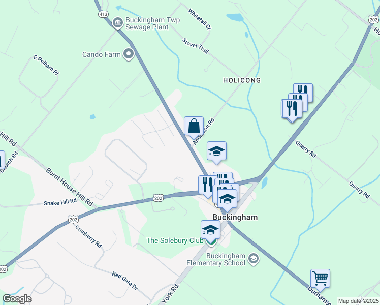 map of restaurants, bars, coffee shops, grocery stores, and more near 2692 Durham Road in Doylestown