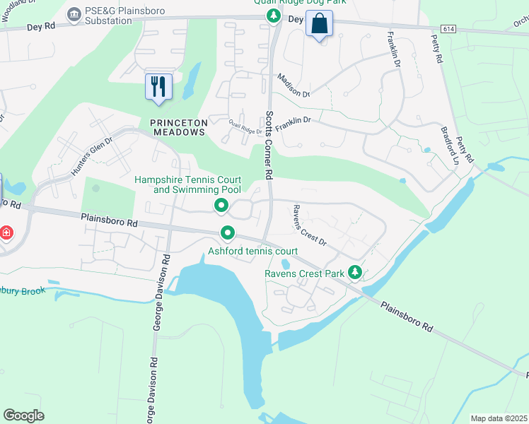 map of restaurants, bars, coffee shops, grocery stores, and more near 23 Hampshire Drive in Plainsboro Township