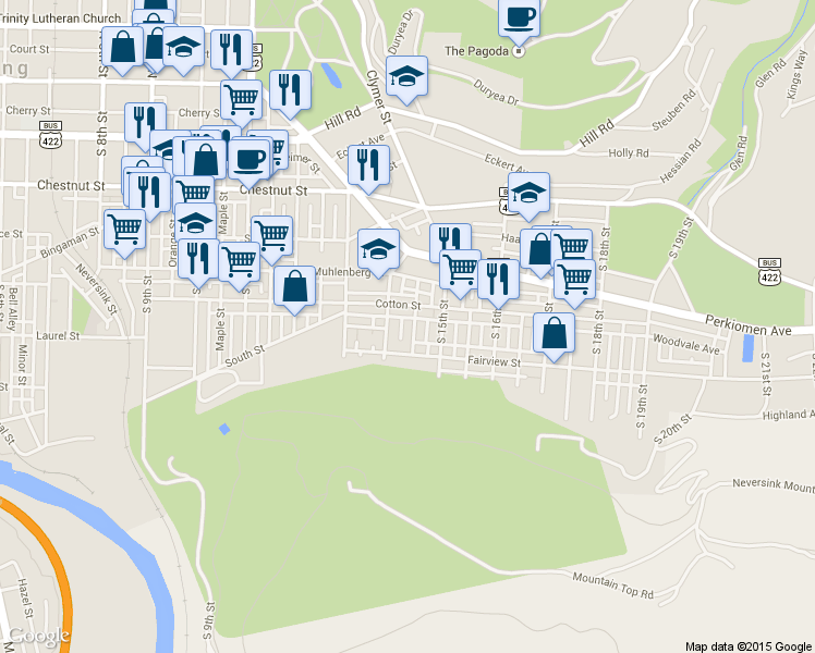 map of restaurants, bars, coffee shops, grocery stores, and more near 526 South 14 1/2 Street in Reading