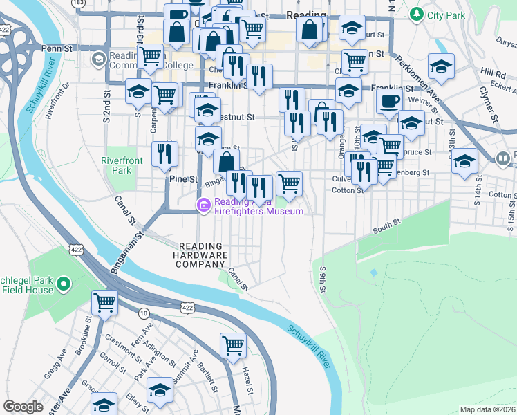 map of restaurants, bars, coffee shops, grocery stores, and more near 451 South 7th Street in Reading