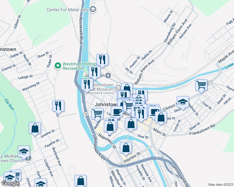 map of restaurants, bars, coffee shops, grocery stores, and more near 304 Washington Street in Johnstown