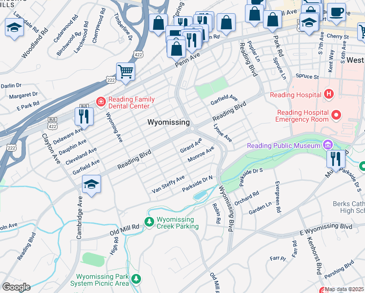 map of restaurants, bars, coffee shops, grocery stores, and more near 518 Lake Avenue in Wyomissing