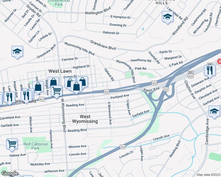 map of restaurants, bars, coffee shops, grocery stores, and more near 1919 U.S. 422 in West Lawn