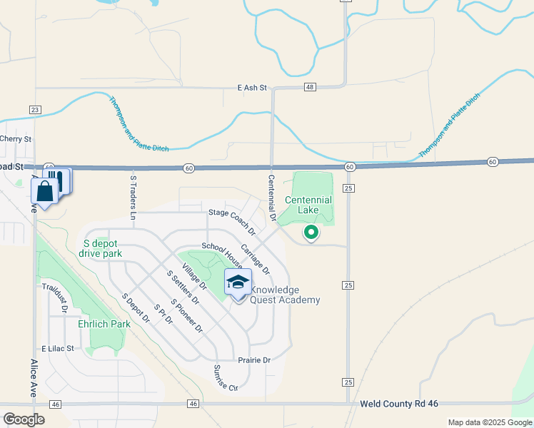 map of restaurants, bars, coffee shops, grocery stores, and more near 2681 Stage Coach Drive in Milliken