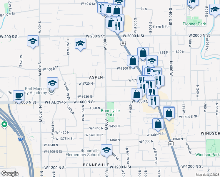 map of restaurants, bars, coffee shops, grocery stores, and more near 748 1650 North in Orem