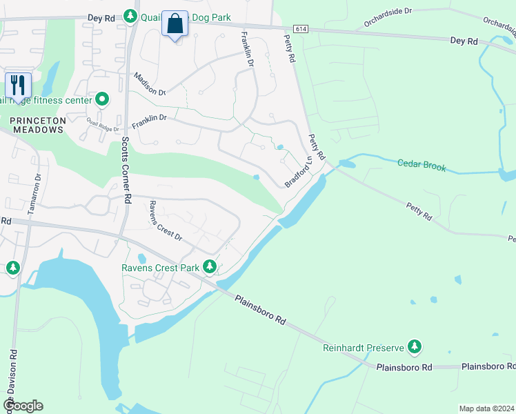 map of restaurants, bars, coffee shops, grocery stores, and more near 1401 Ravens Crest Drive in Princeton Meadows
