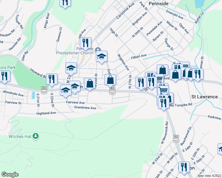 map of restaurants, bars, coffee shops, grocery stores, and more near 2602 Perkiomen Avenue in Mount Penn