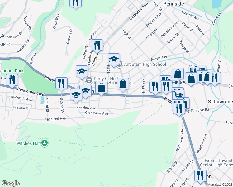 map of restaurants, bars, coffee shops, grocery stores, and more near 2518 Perkiomen Avenue in Reading