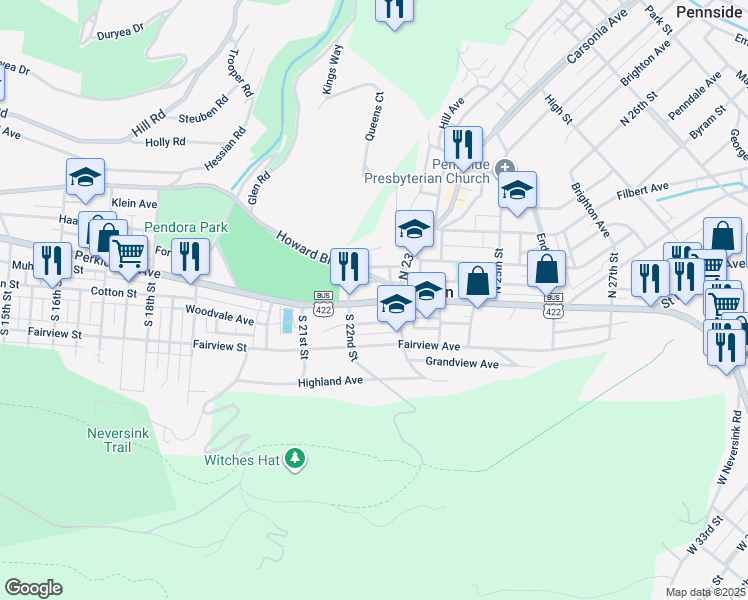 map of restaurants, bars, coffee shops, grocery stores, and more near 2234 Perkiomen Avenue in Mount Penn